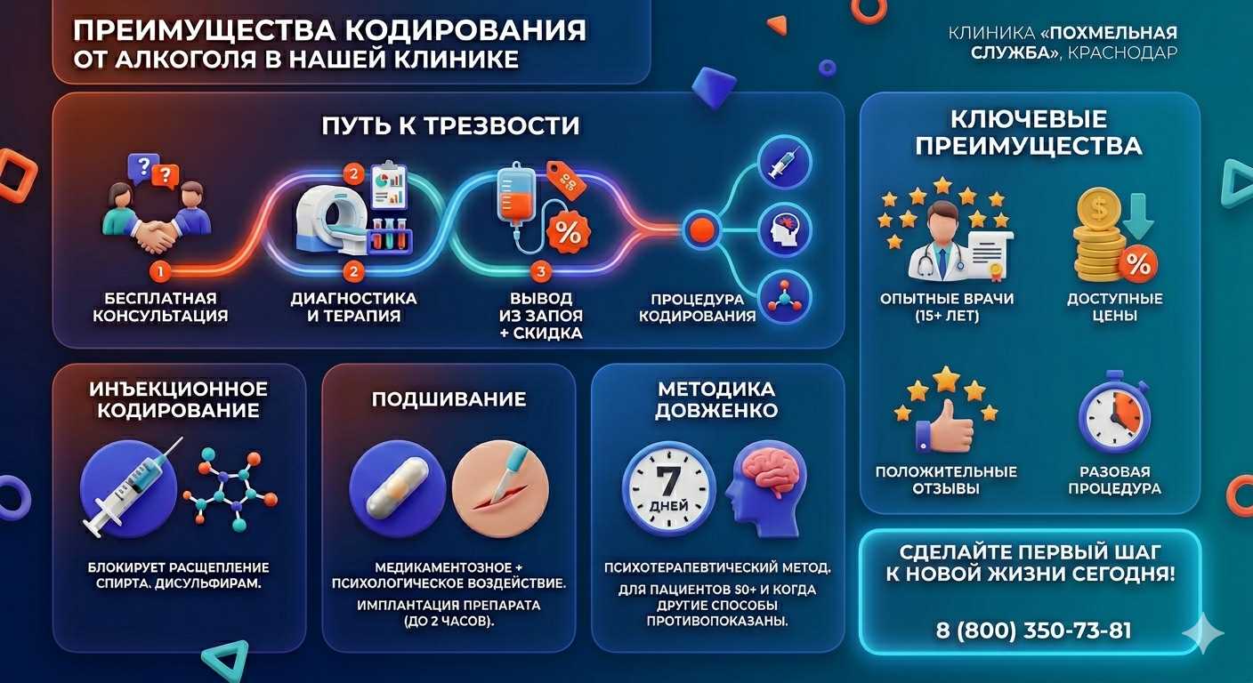 Инфографика о методах кодирования от алкоголя в Димитровграде: инъекции, подшивание, метод Довженко. Преимущества клиники и этапы лечения.