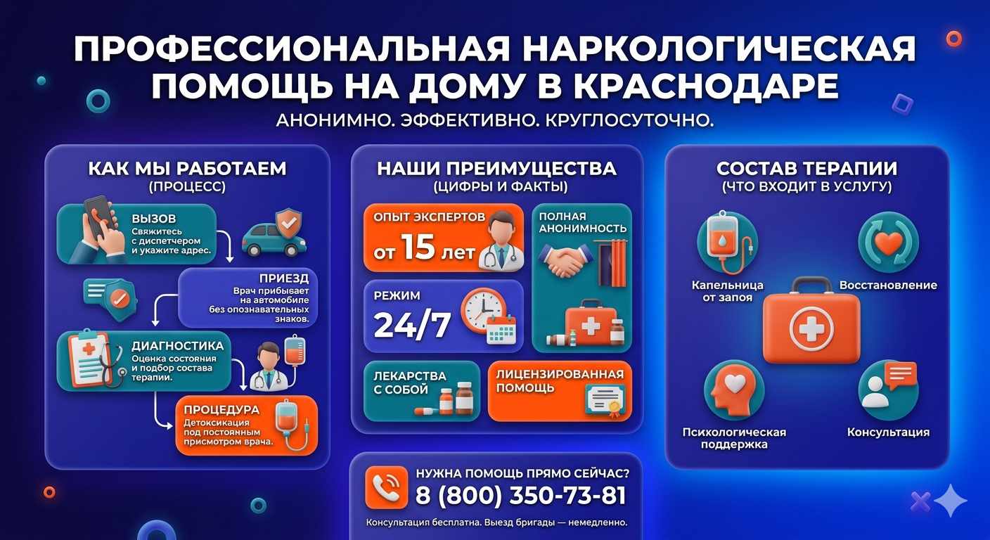 Инфографика о принципах лечения алкоголизма на дому в Димитровграде: этапы вызова нарколога, преимущества анонимной детоксикации и состав медицинской помощи.